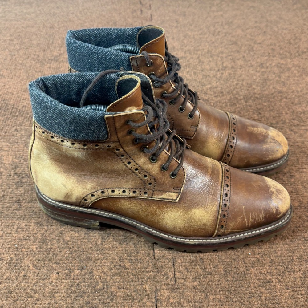 Warfield & Grand Mens Brown Leather Brogue Cap Toe Lug Sole Boots Size 8